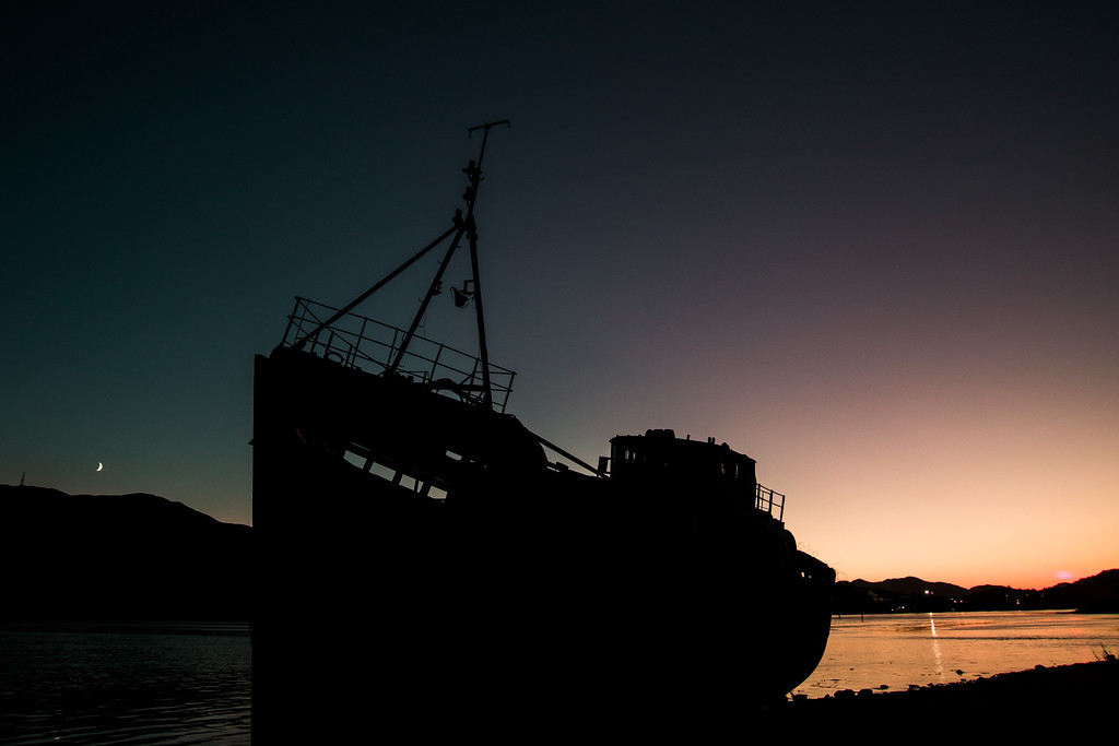 Wrecked Fishing Boat, The MV Dayspring at night.